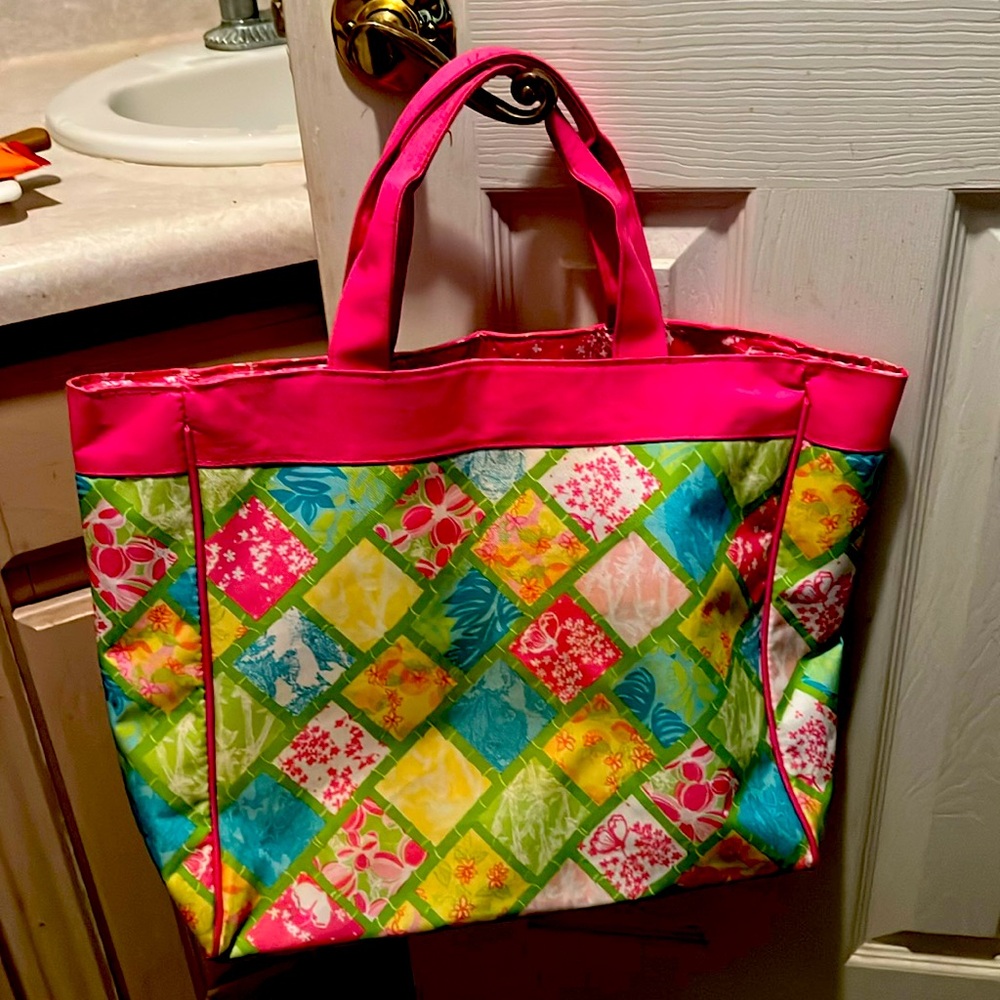 Lilly Pulitzer Multicolor Patchwork Tote with Hot Pink Trim